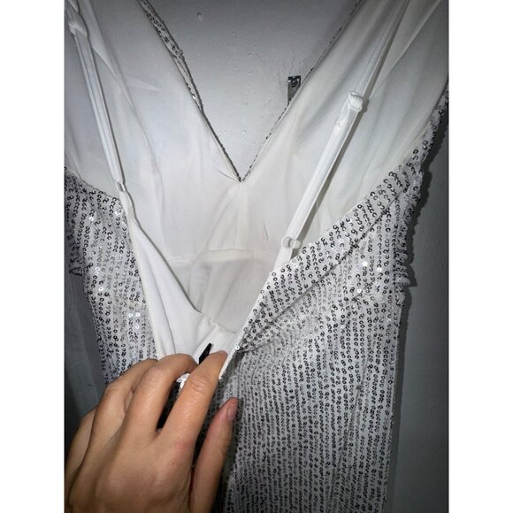 Sequin Maxi Dress Silver White Spaghetti Straps Formal Gown Sexy Bodycon Large - Picture 8 of 9